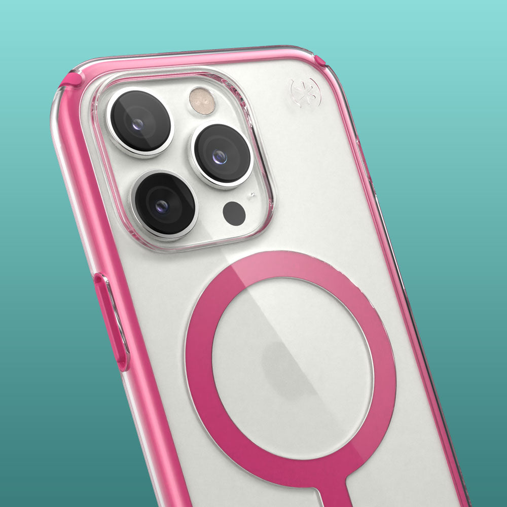 Three-quarter angle of iPhone 14 Pro in a Presidio Perfect-Clear with Impact Geometry MagSafe Digital Pink case