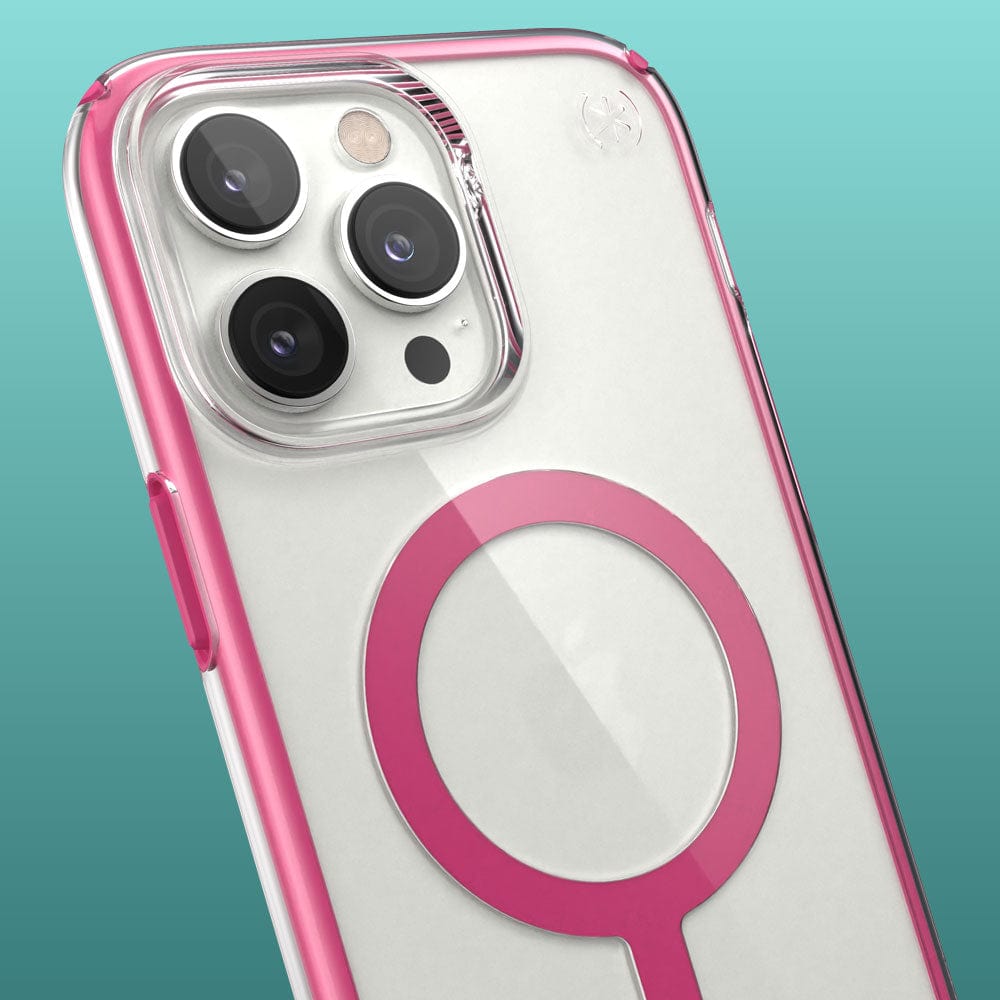 Three-quarter angle of iPhone 14 Pro Max in a Presidio Perfect-Clear with Impact Geometry MagSafe Digital Pink case