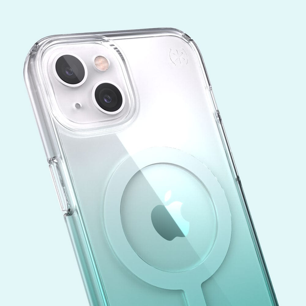 Three-quarter angle of iPhone 13 MagSafe case in Clear/Fantasy Teal Ombre pattern
