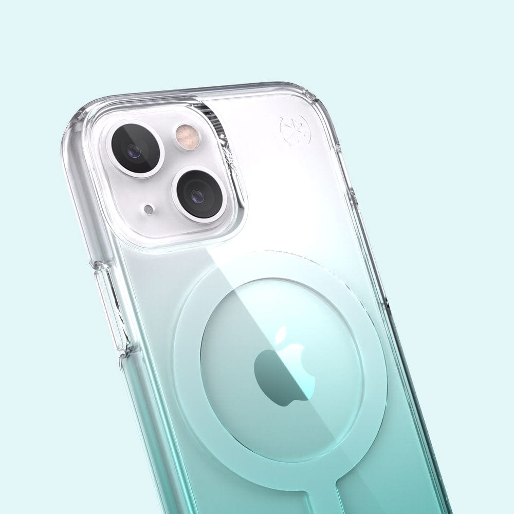 Three-quarter angle of iPhone 13 mini MagSafe case in Clear/Fantasy Teal Ombre pattern