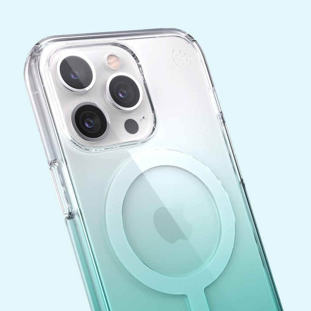 Three-quarter angle of iPhone 13 Pro MagSafe case in Clear/Fantasy Teal Ombre pattern