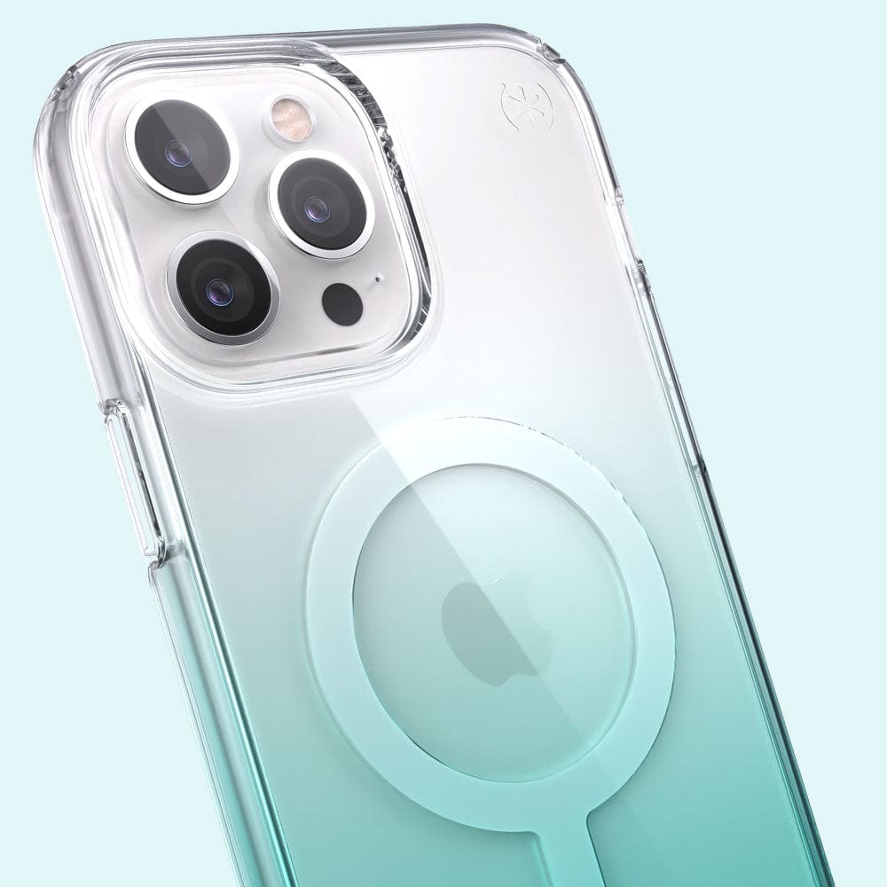 Three-quarter angle of iPhone 13 Pro Max MagSafe case in Clear/Fantasy Teal Ombre pattern