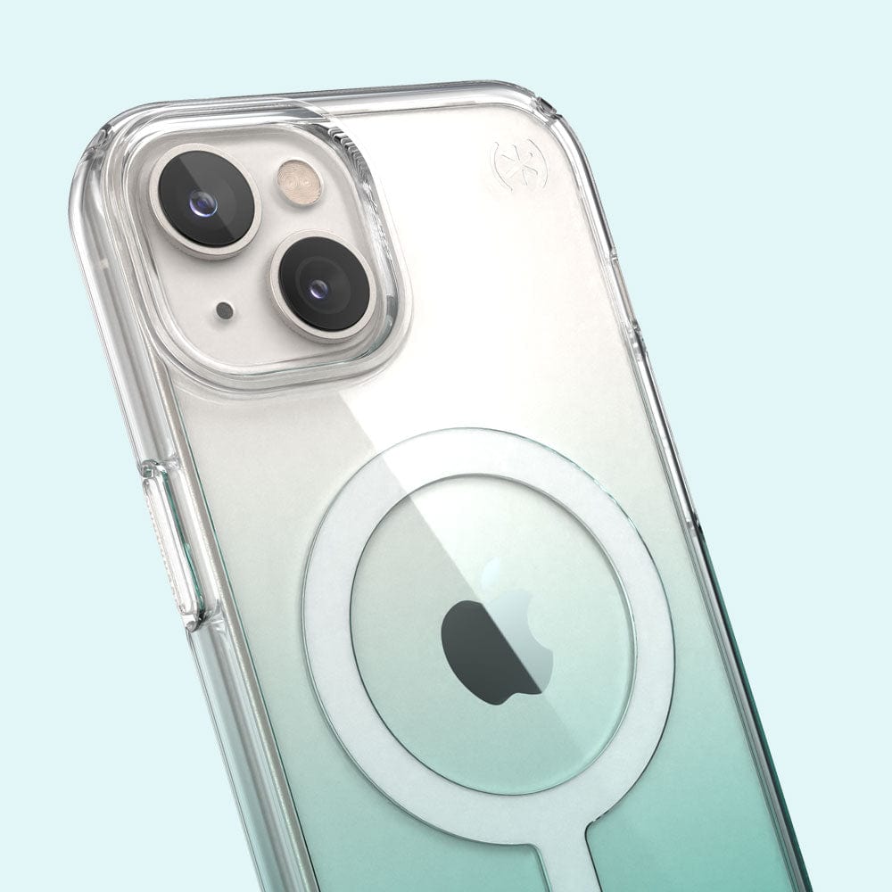 Three-quarter angle of iPhone 14 MagSafe case in Clear/Fantasy Teal Ombre pattern