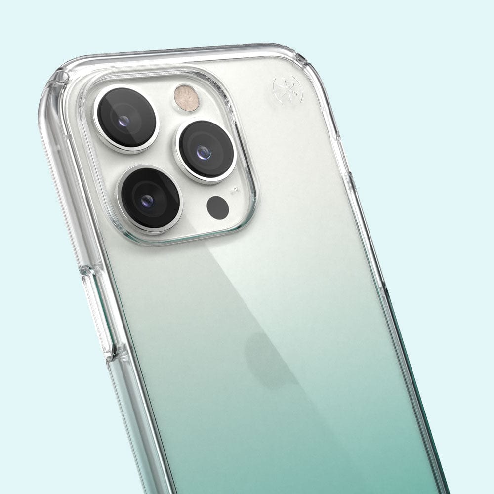 Three-quarter angle of iPhone 14 Pro case in Clear/Fantasy Teal Ombre pattern