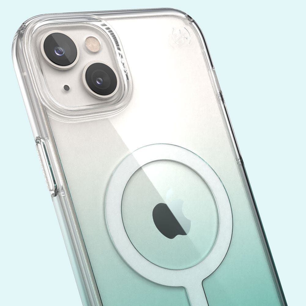 Three-quarter angle of iPhone 14 Plus MagSafe case in Clear/Fantasy Teal Ombre pattern