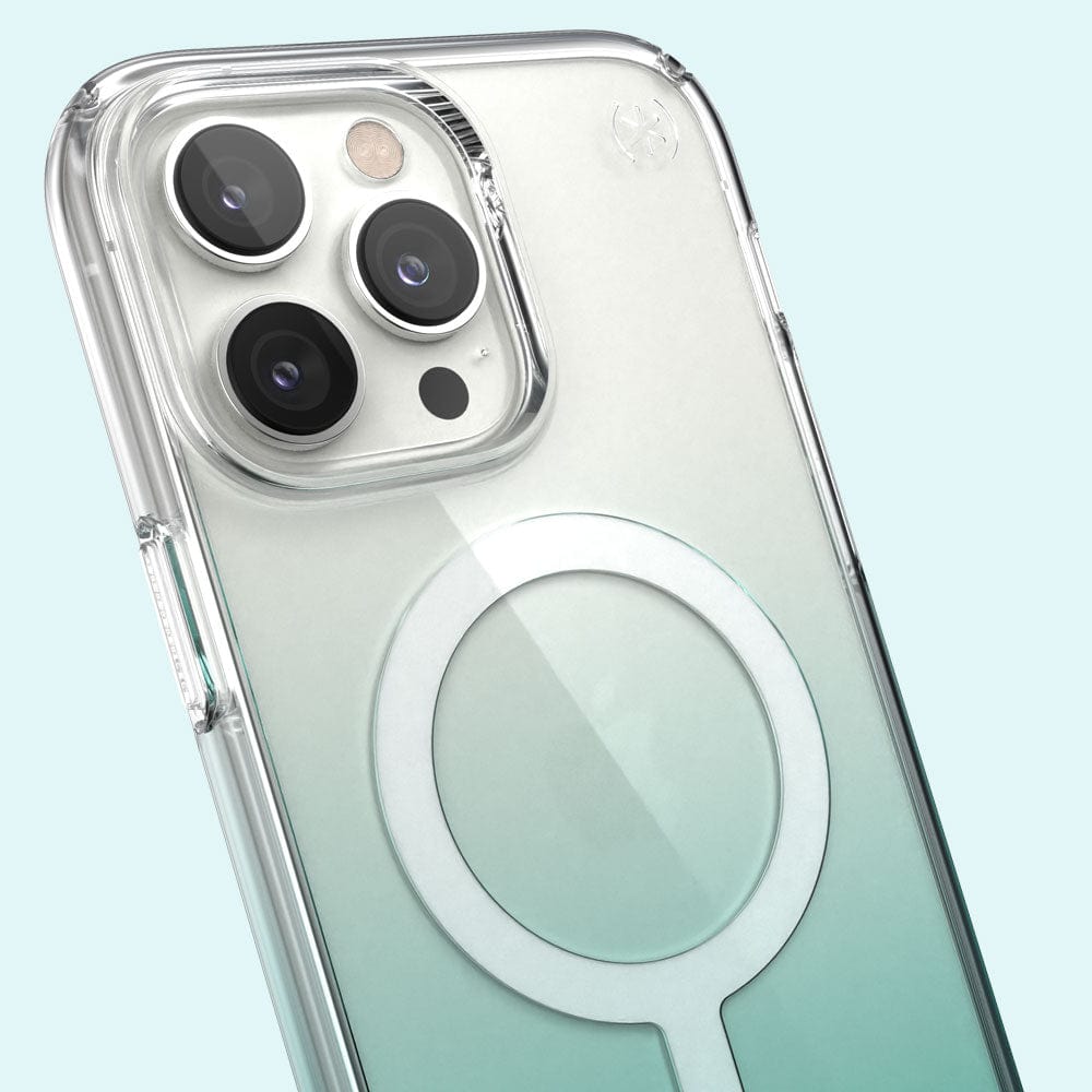 Three-quarter angle of iPhone 14 Pro Max MagSafe case in Clear/Fantasy Teal Ombre pattern