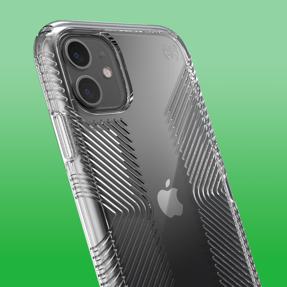 Three-quarter angle of iPhone 11 in a Presidio Perfect-Clear Grip clear case
