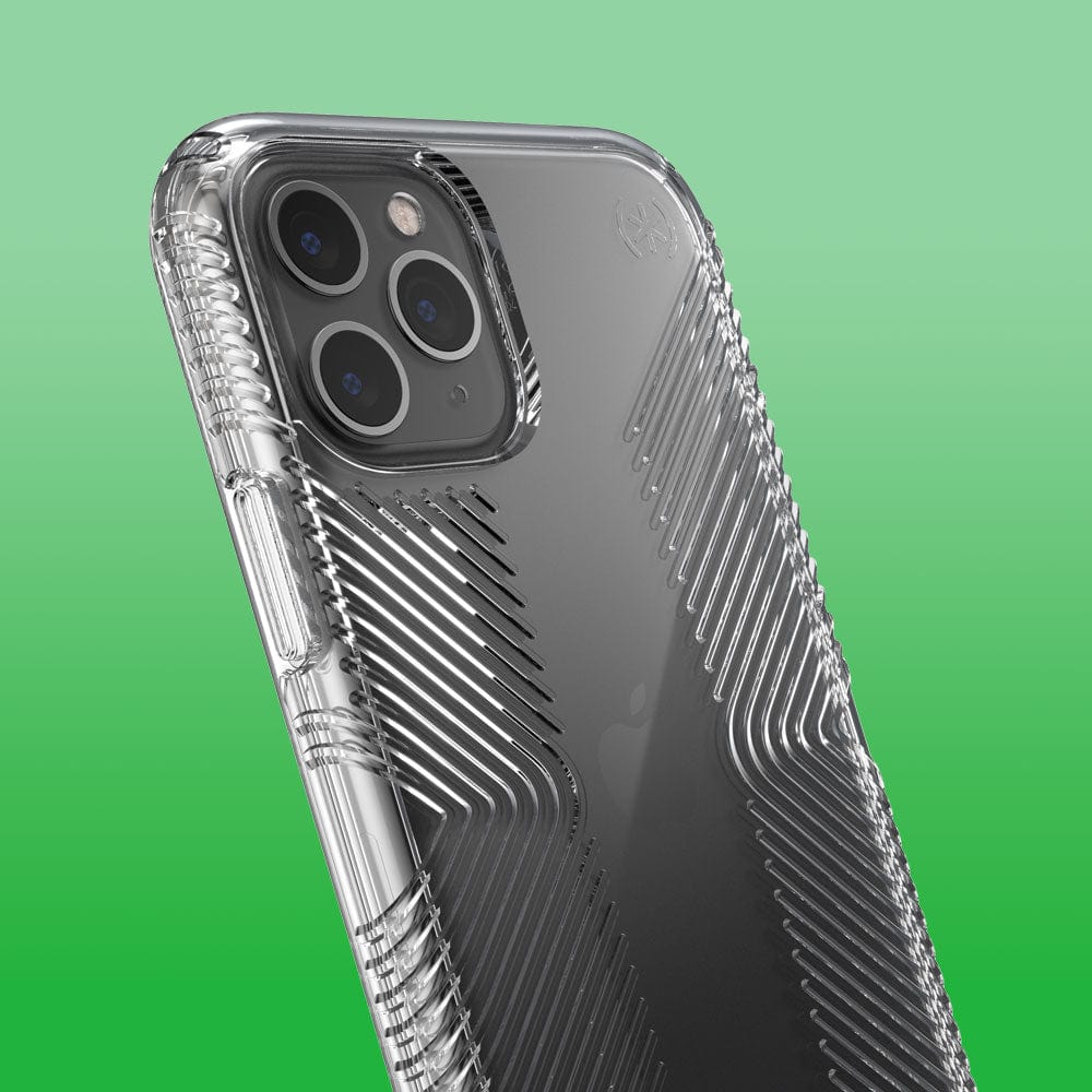 Three-quarter angle of iPhone 11 Pro in a Presidio Perfect-Clear Grip clear case