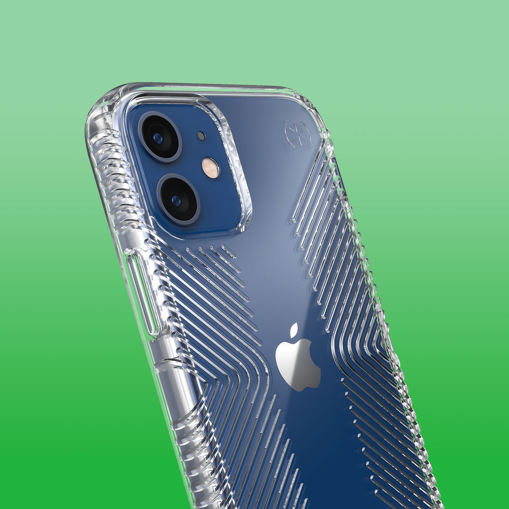 Three-quarter angle of iPhone 12 mini in a Presidio Perfect-Clear Grip clear case