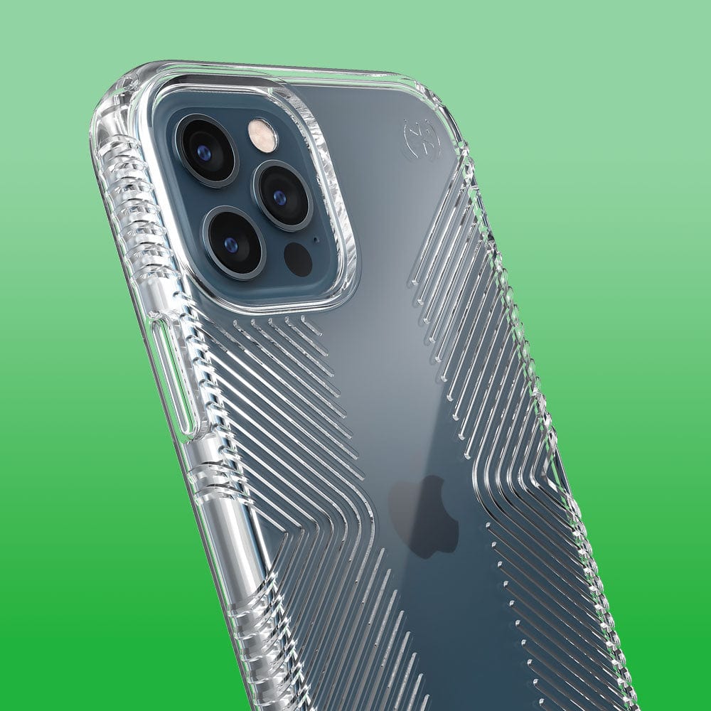 Three-quarter angle of iPhone 12 Pro in a Presidio Perfect-Clear Grip clear case