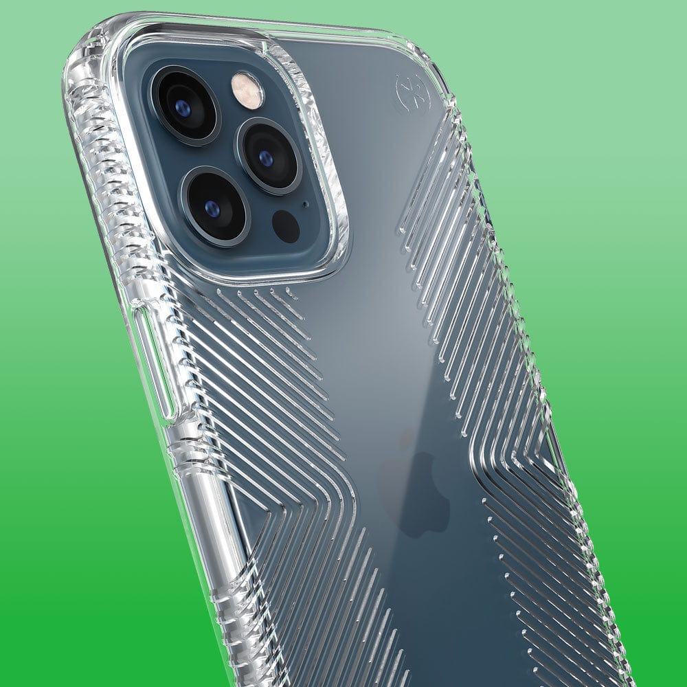 Three-quarter angle of iPhone 12 Pro Max in a Presidio Perfect-Clear Grip clear case