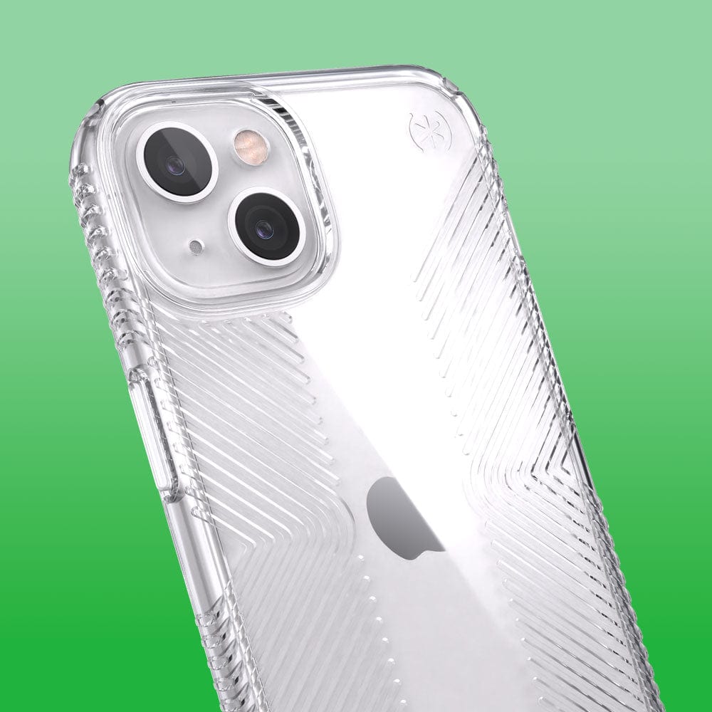 Three-quarter angle of iPhone 13 in a Presidio Perfect-Clear Grip clear case