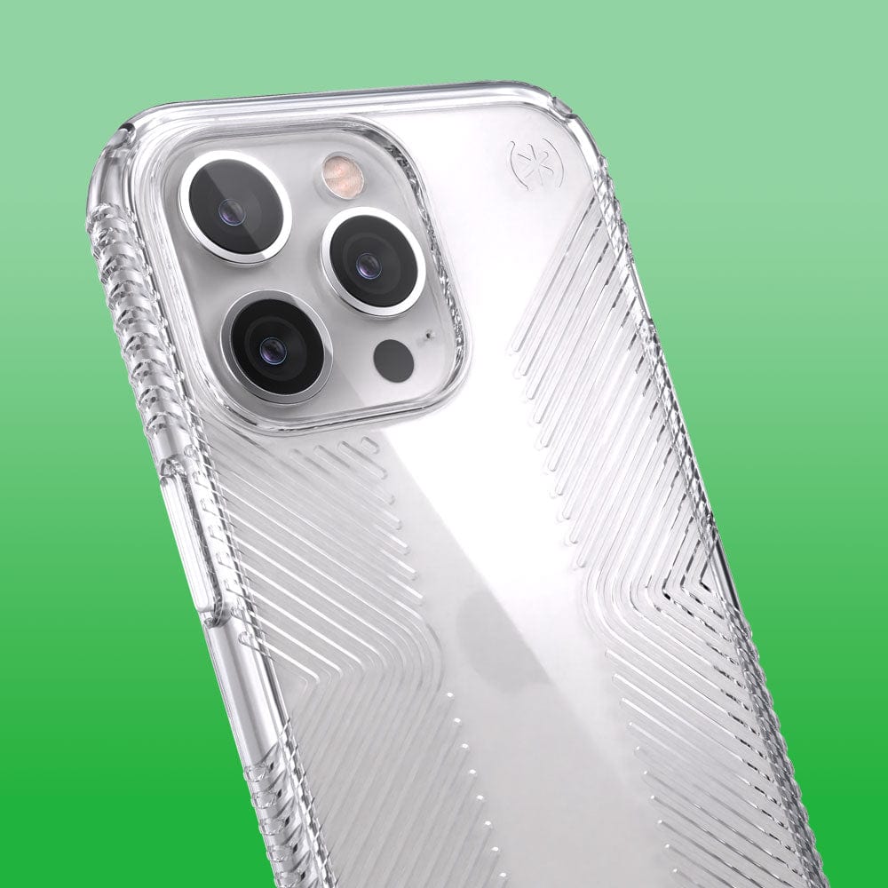 Three-quarter angle of iPhone 13 Pro in a Presidio Perfect-Clear Grip clear case