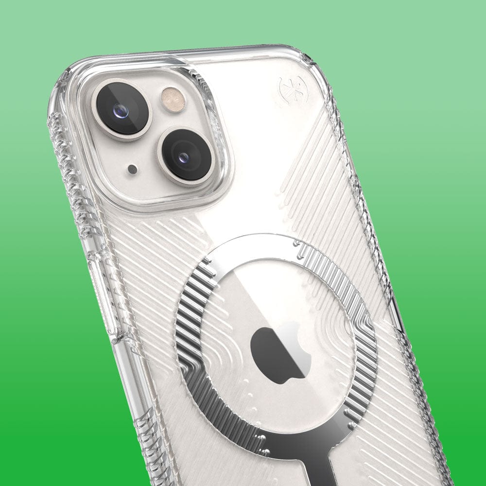Three-quarter angle of iPhone 14 in a Presidio Perfect-Clear Grip MagSafe clear case