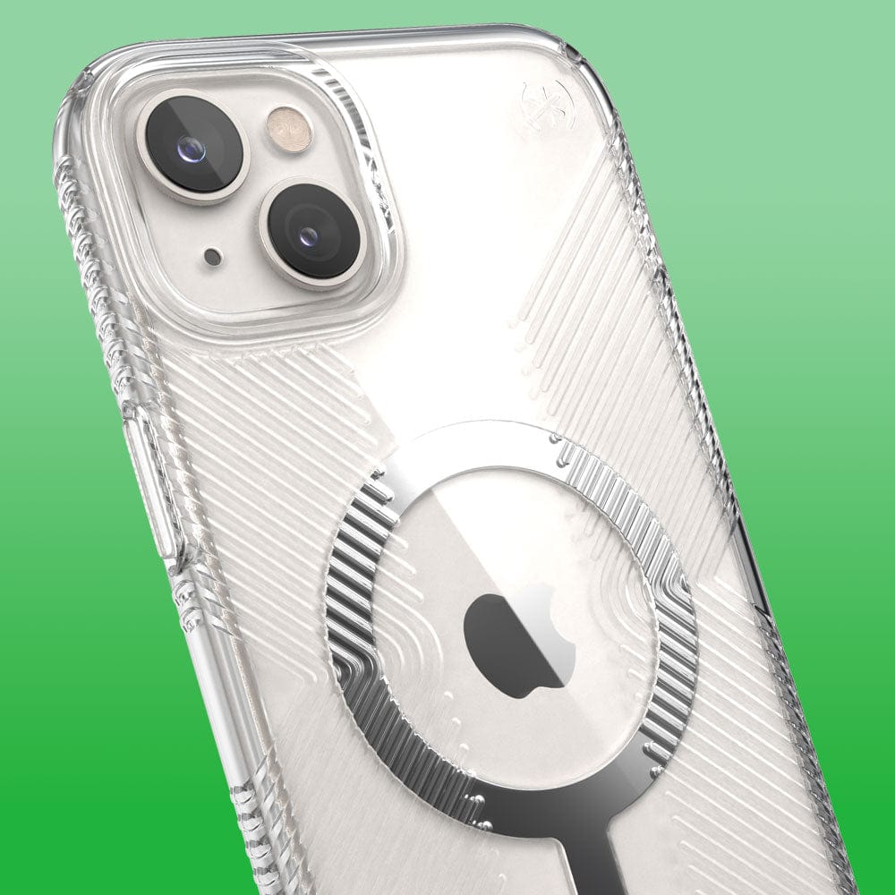 Three-quarter angle of iPhone 14 Plus in a Presidio Perfect-Clear Grip MagSafe clear case