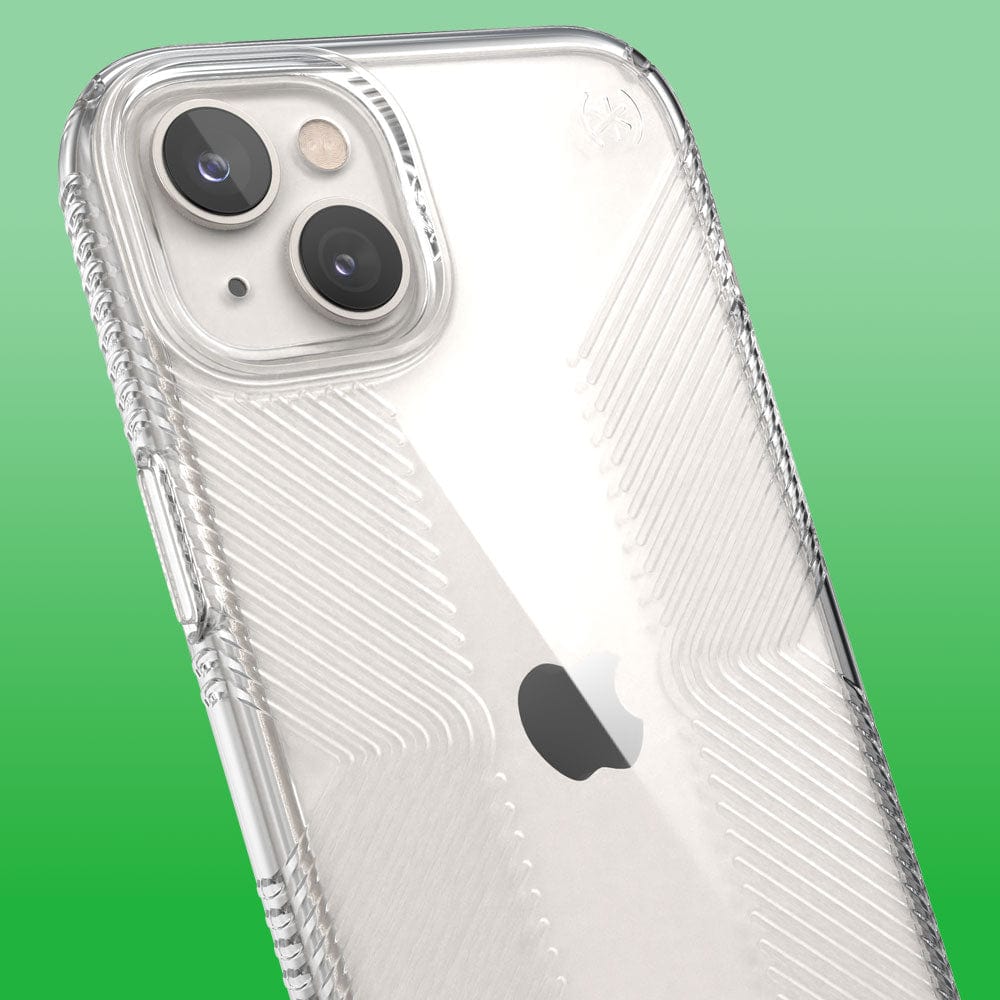 Three-quarter angle of iPhone 14 Plus in a Presidio Perfect-Clear Grip clear case