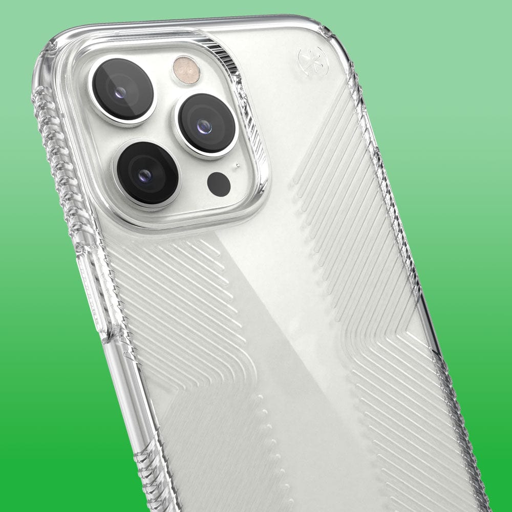 Three-quarter angle of iPhone 14 Pro Max in a Presidio Perfect-Clear Grip clear case