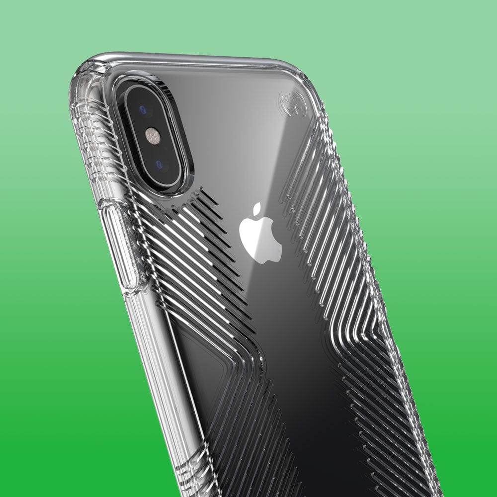 Three-quarter angle of iPhone XS / iPhone X in a Presidio Perfect-Clear Grip clear case