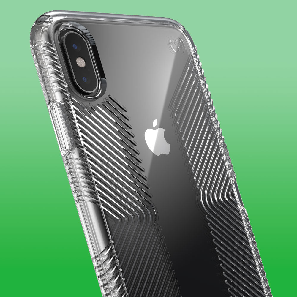 Three-quarter angle of iPhone XS Max in a Presidio Perfect-Clear Grip clear case