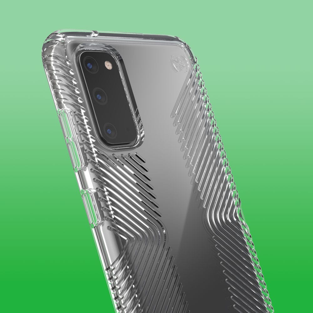 Three-quarter angle of Samsung Galaxy S20 Ultra in a Presidio Perfect-Clear Grip clear case