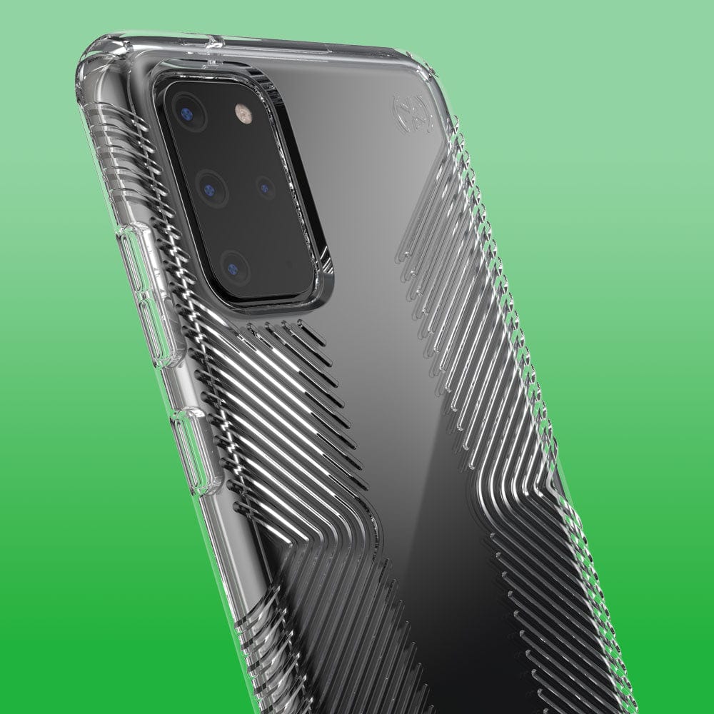 Three-quarter angle of Samsung Galaxy S20+ in a Presidio Perfect-Clear Grip clear case