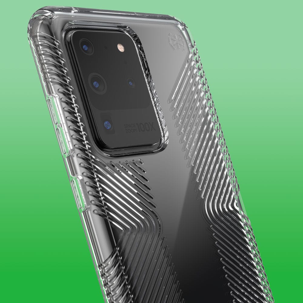 Three-quarter angle of Samsung Galaxy S20 in a Presidio Perfect-Clear Grip clear case