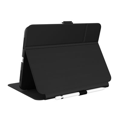 Three-quarter view of back of the case, using view stand formation.#color_black-white