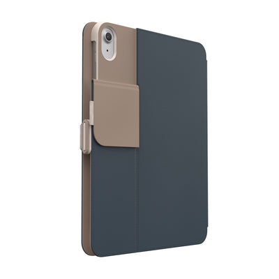 Three-quarter view of the back of the case, with folio closed and camera flap folded down.#color_charcoal-mocha-almond-milk