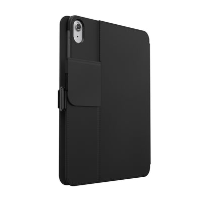 Three-quarter view of the back of the case, with folio closed and camera flap folded down.#color_black-white
