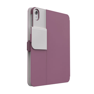 Three-quarter view of the back of the case, with folio closed and camera flap folded down.#color_plumberry-purple-crushed-purple-crepe-pink