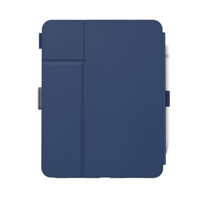 Straight-on view of the back of the case, with folio closed.#color_arcadia-navy-moody-grey