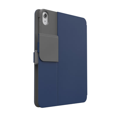 Three-quarter view of the back of the case, with folio closed and camera flap folded down.#color_arcadia-navy-moody-grey