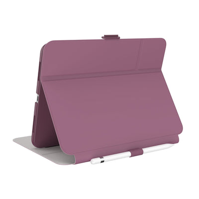 Three-quarter view of back of the case, using view stand formation.#color_plumberry-purple-crushed-purple-crepe-pink