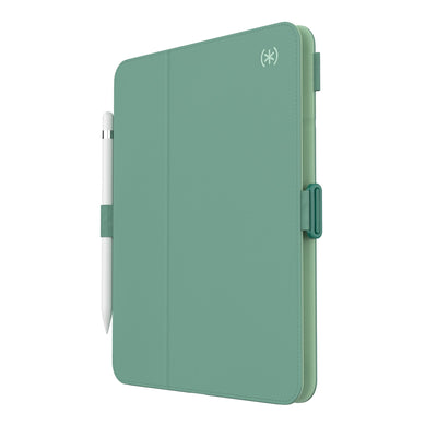 Three-quarter view of front of the case, with folio closed.#color_fluorite-green-eggshell-green