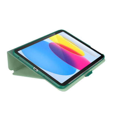 Three-quarter view of the front of the case, using typing stand formation.#color_fluorite-green-eggshell-green