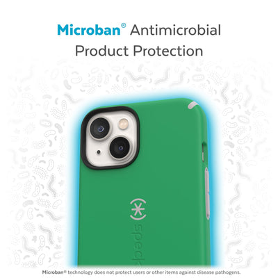 Back view of phone case with halo protecting it from bacteria - Microban antimicrobial product protection.#color_renew-green-sweater-grey