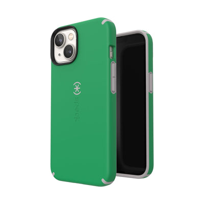 Three-quarter view of back of phone case simultaneously shown with three-quarter front view of phone case#color_renew-green-sweater-grey