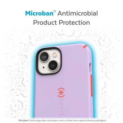 Back view of phone case with halo protecting it from bacteria - Microban antimicrobial product protection.#color_spring-purple-energy-red