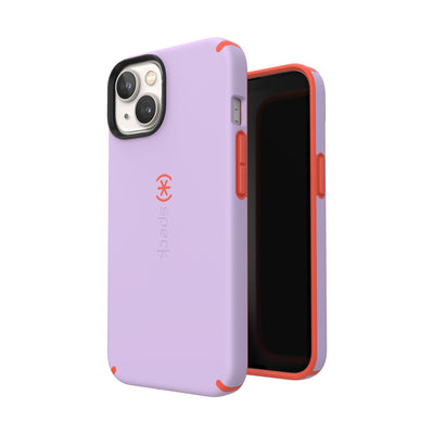 Three-quarter view of back of phone case simultaneously shown with three-quarter front view of phone case#color_spring-purple-energy-red