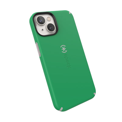 Tilted three-quarter angled view of back of phone case#color_renew-green-sweater-grey