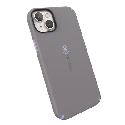 Tilted three-quarter angled view of back of phone case#color_cloudy-grey-spring-purple