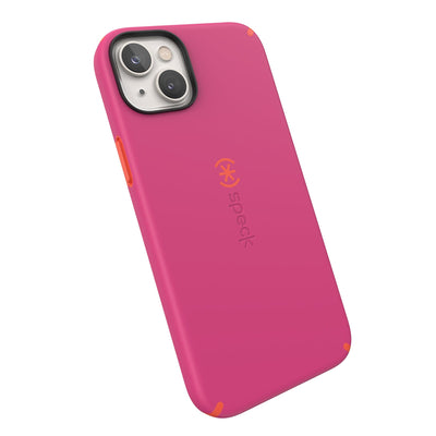 Tilted three-quarter angled view of back of phone case#color_digital-pink-energy-red