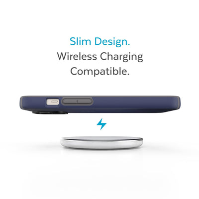 Side view of phone case hovering above a wireless charger - Slim design. Wireless charging compatible.#color_prussian-blue-cloudy-grey