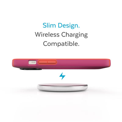 Side view of phone case hovering above a wireless charger - Slim design. Wireless charging compatible.#color_digital-pink-energy-red