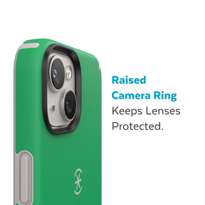 Slightly tilted view of side of phone case showing phone cameras - Raised camera ring keeps lenses protected.#color_renew-green-sweater-grey