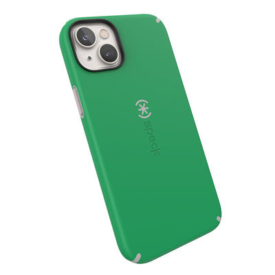 Tilted three-quarter angled view of back of phone case#color_renew-green-sweater-grey