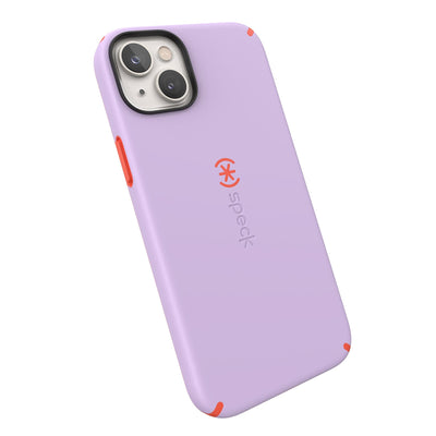 Tilted three-quarter angled view of back of phone case#color_spring-purple-energy-red