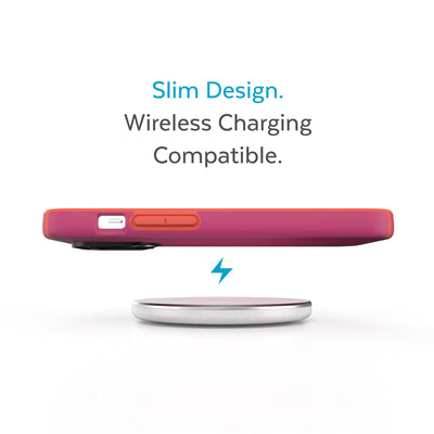 Side view of phone case hovering above a wireless charger - Slim design. Wireless charging compatible.#color_digital-pink-energy-red