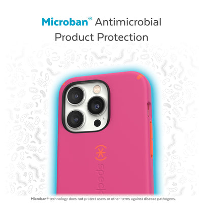 Back view of phone case with halo protecting it from bacteria - Microban antimicrobial product protection.#color_digital-pink-energy-red