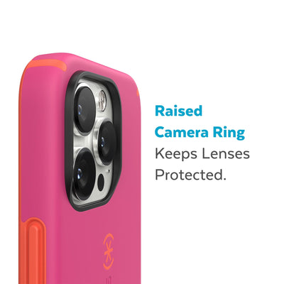 Slightly tilted view of side of phone case showing phone cameras - Raised camera ring keeps lenses protected.#color_digital-pink-energy-red